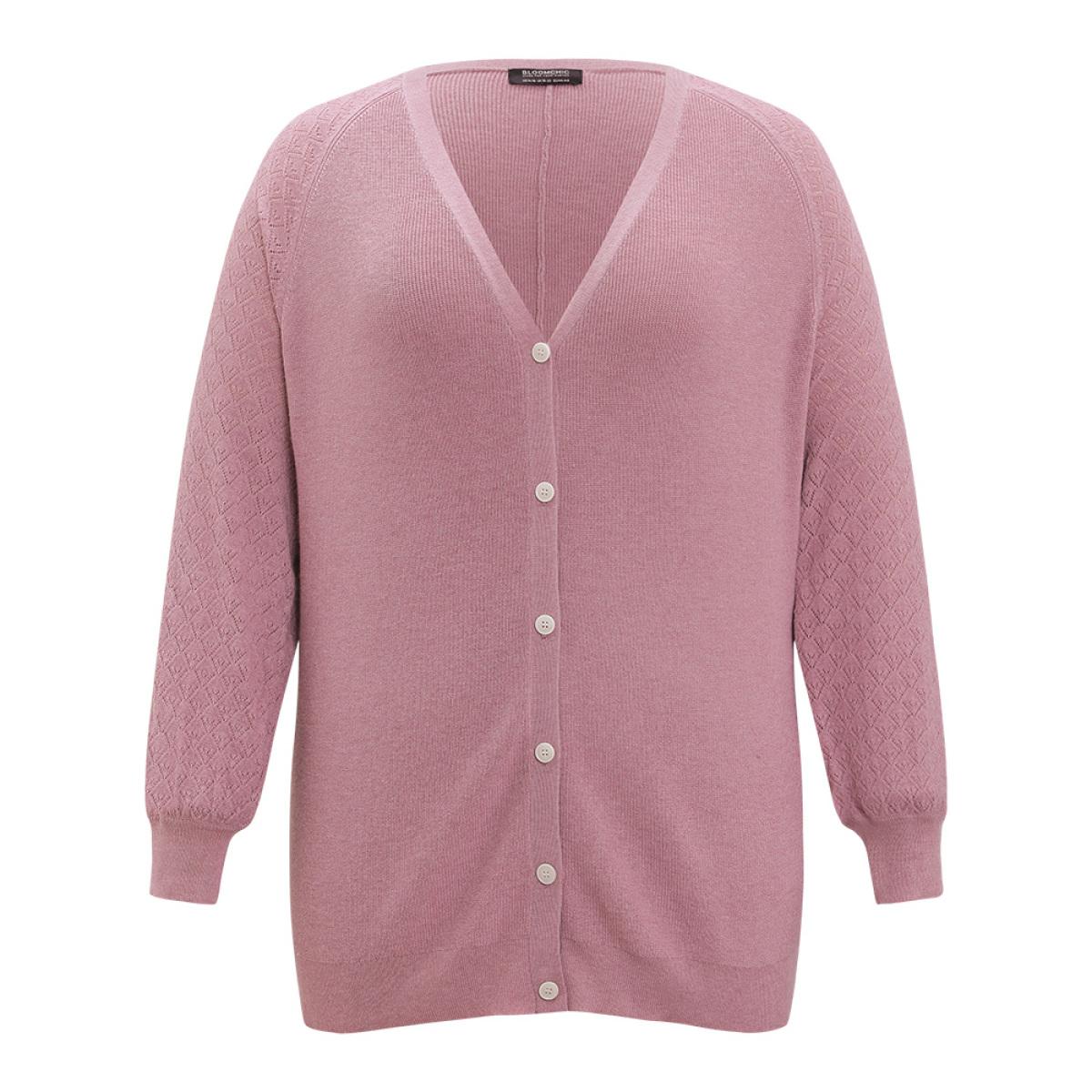 Plus Size Plain Raglan Sleeve Eyelet Button Fly Cardigan Rouge Women Casual Loose Long Sleeve Dailywear Cardigans BloomChic 14-16/1X Product Image