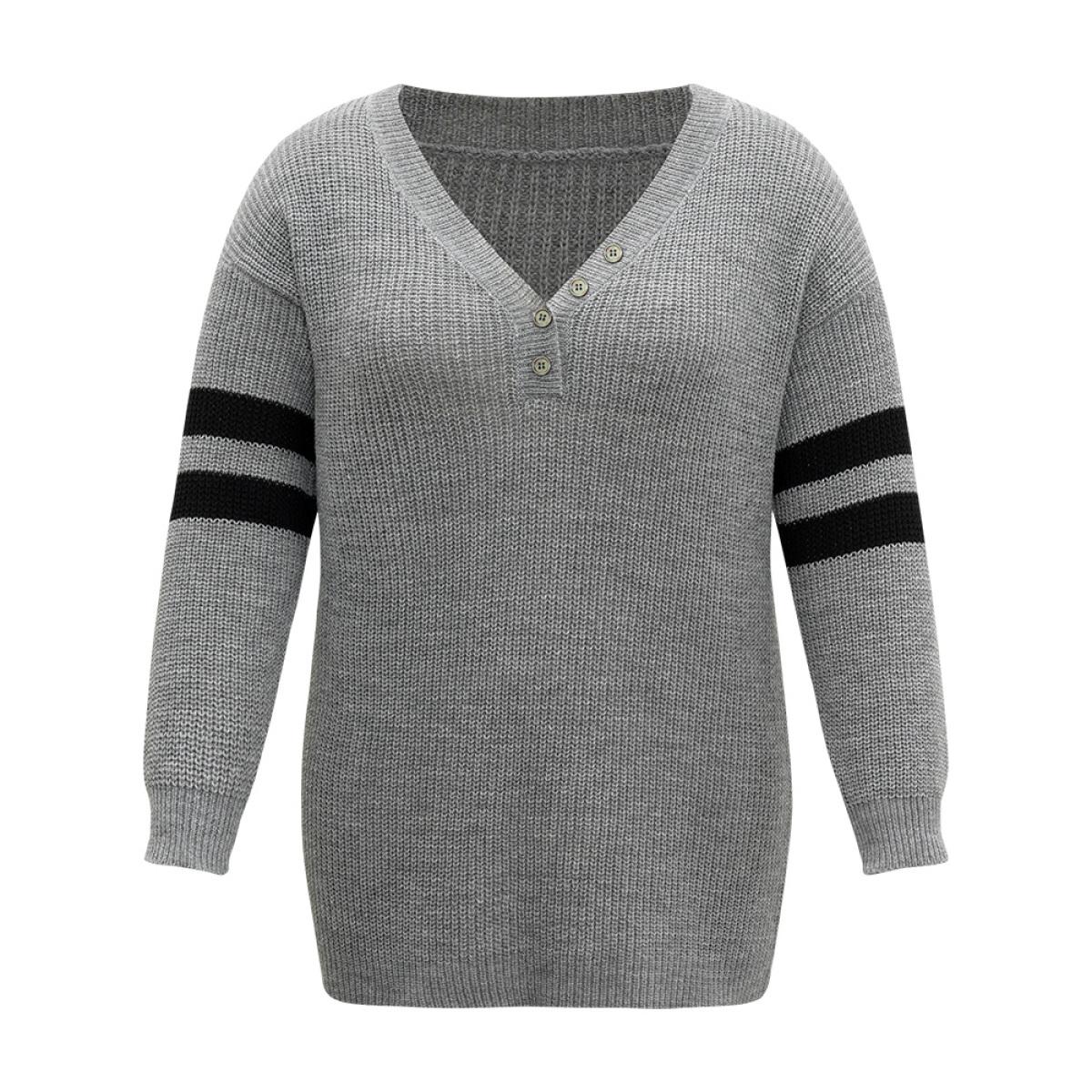 Plus Size Anti-Pilling Striped Button Detail Pullover DarkGray Women Casual Long Sleeve V-neck Dailywear Pullovers BloomChic 26/4X Product Image