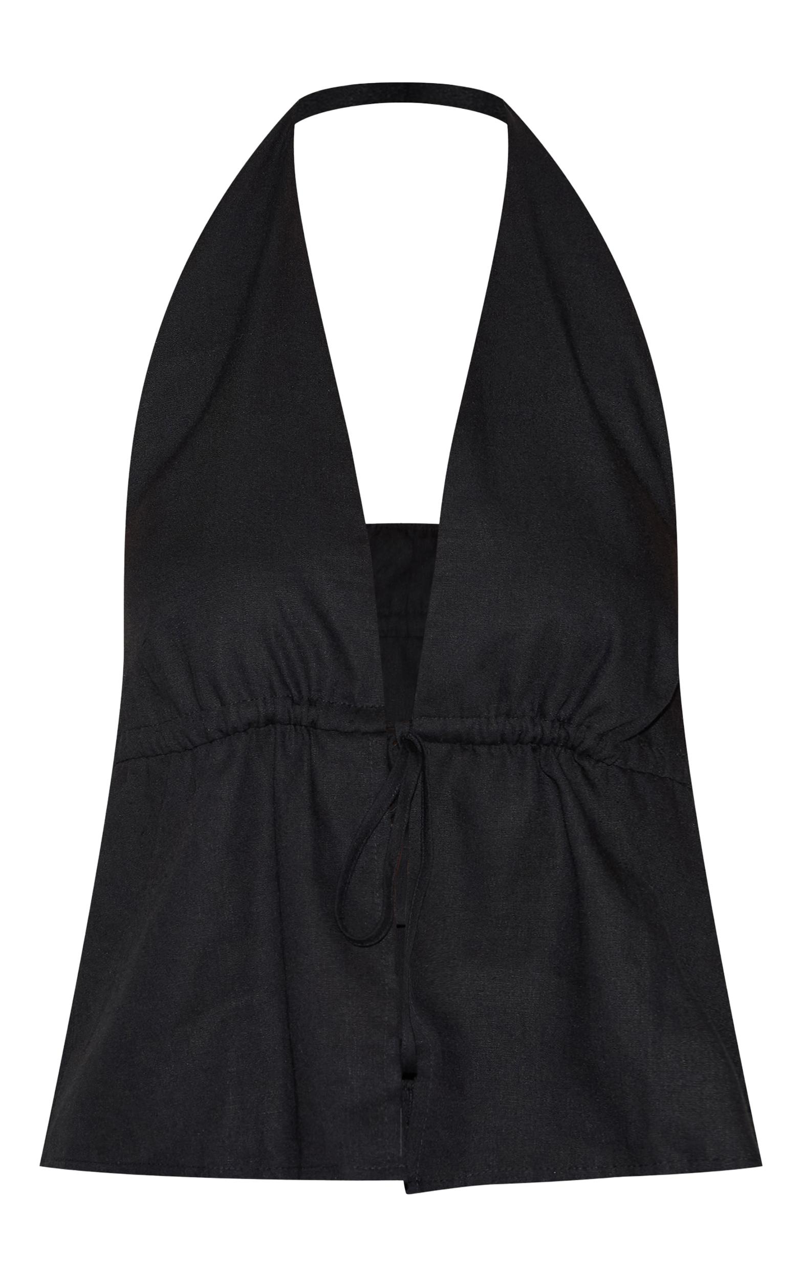 Black Linen Look Tie Waist Longline Top Product Image