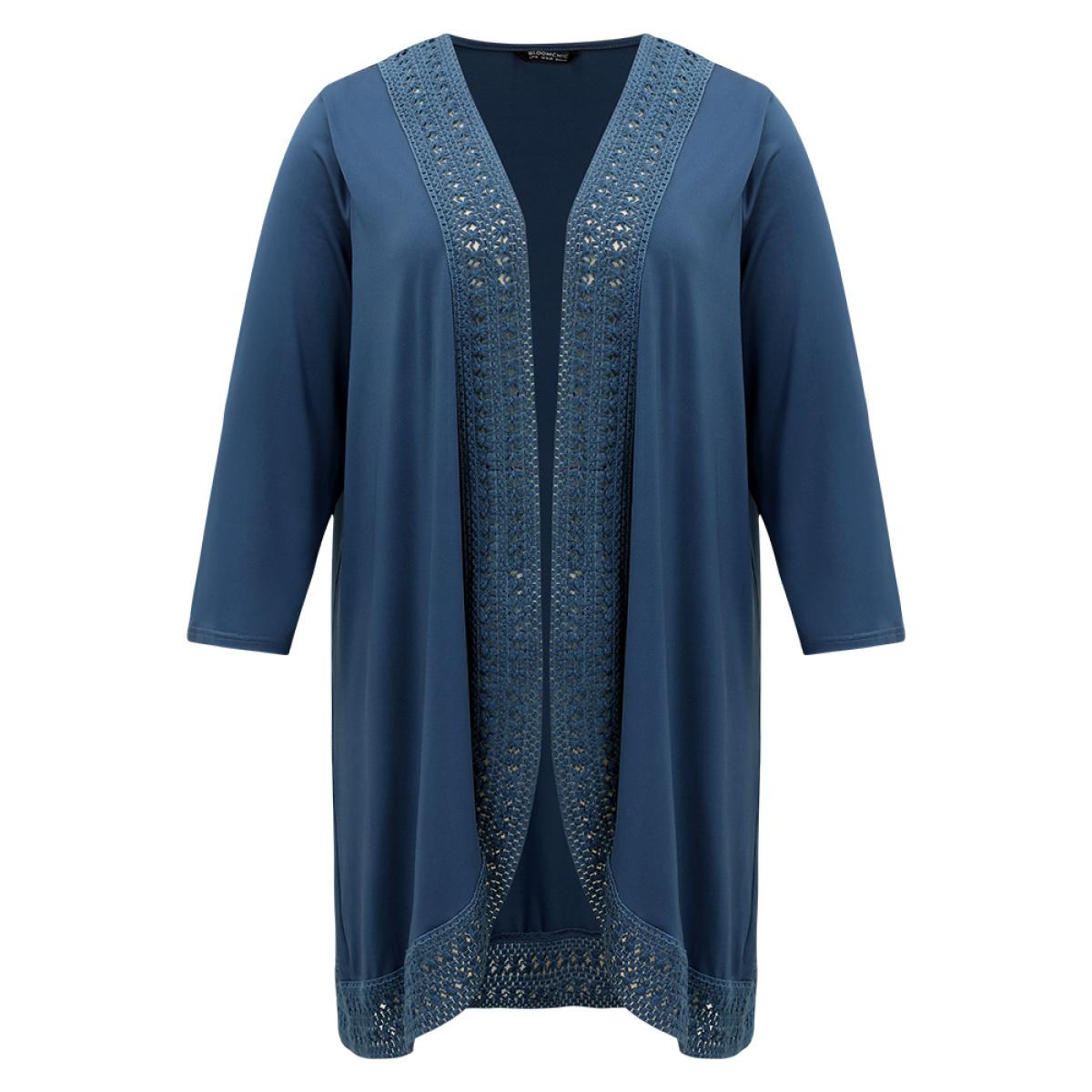 Plus Size Supersoft Essentials Plain Lace Patchwork Open Front Kimono Women DarkBlue Casual Plain Dailywear Kimonos BloomChic 10/M Product Image