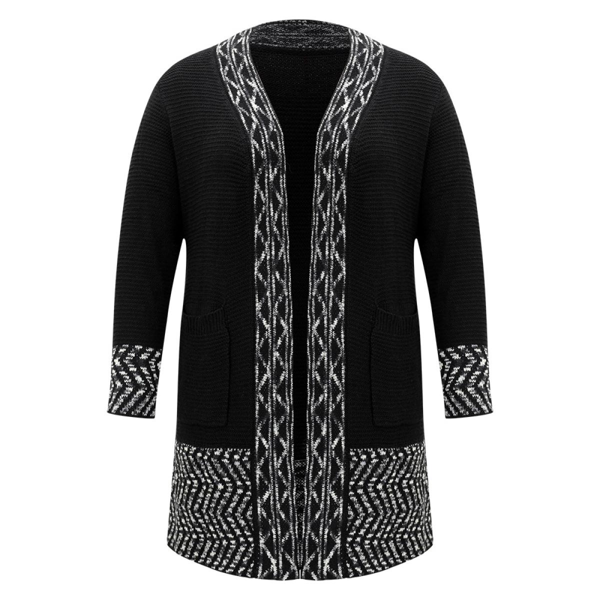 Plus Size Bandana Trim Patched Pocket Cardigan Black Women Casual Loose Long Sleeve Everyday Cardigans BloomChic 18-20/2X Product Image