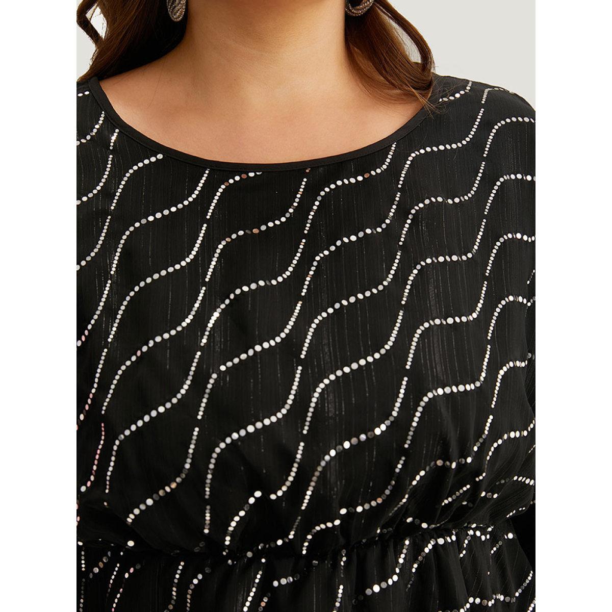 Plus Size Black Chiffon Rhinestone Mesh Patchwork Elastic Waist Blouse Women Glamour Half Sleeve Round Neck Going out Blouses BloomChic 14-16/1X Product Image