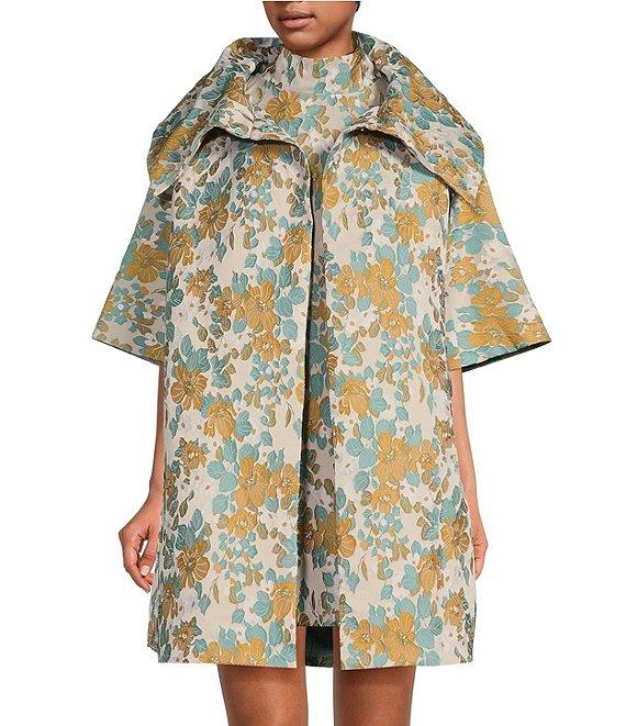 Buru Brocade Floral Oversized Point Collar 3/4 Sleeve Pocketed Topper Jacket Product Image