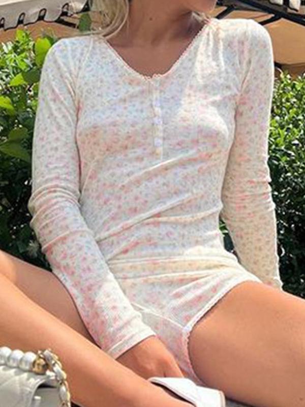 Disty Floral V Neck Breasted Romper Lounge Set Product Image