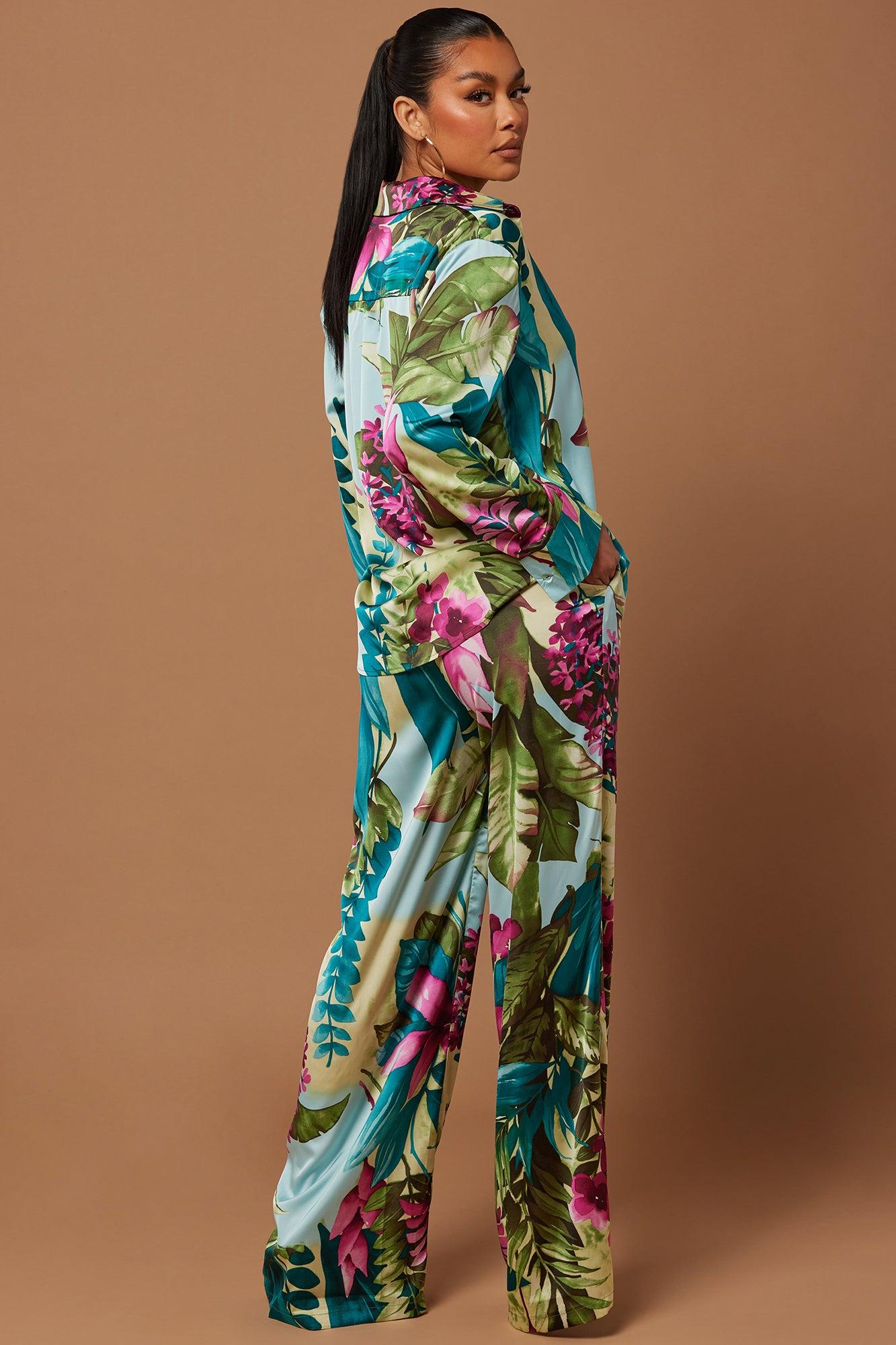 Kyoto Satin Pant Set - Green/combo Product Image