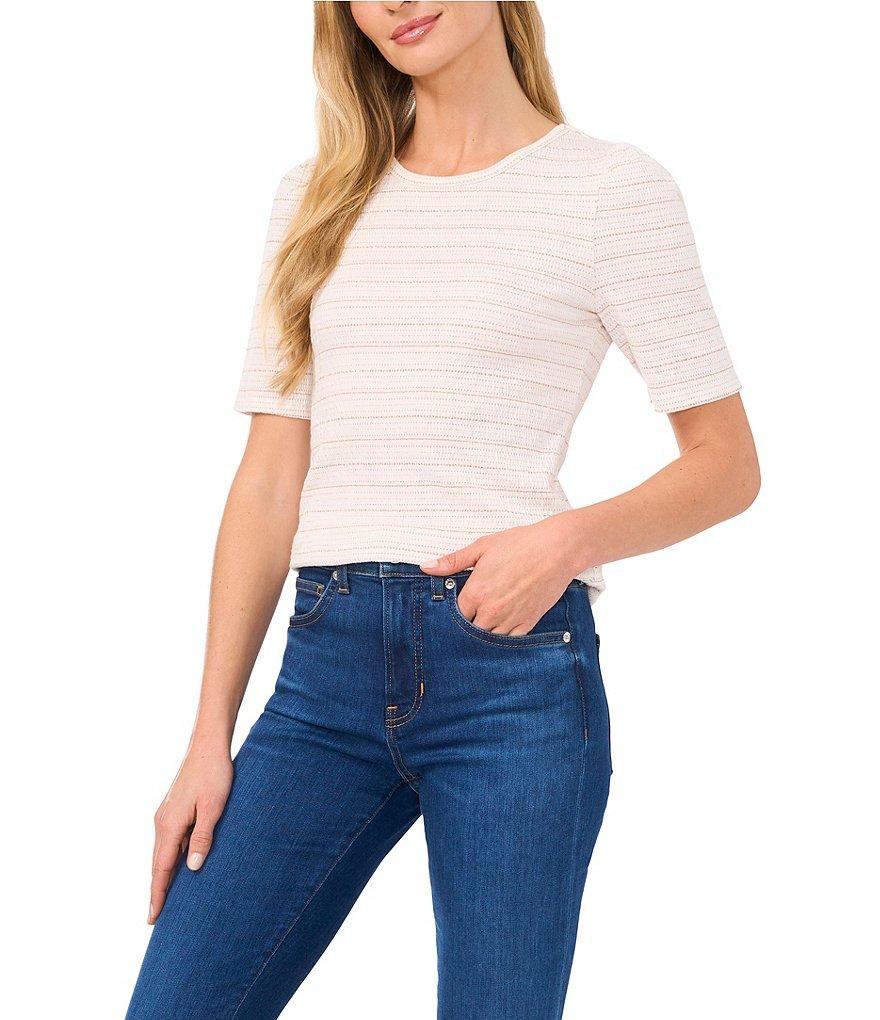 CeCe Knit Striped Metallic Crew Neck Short Sleeve Tee Product Image