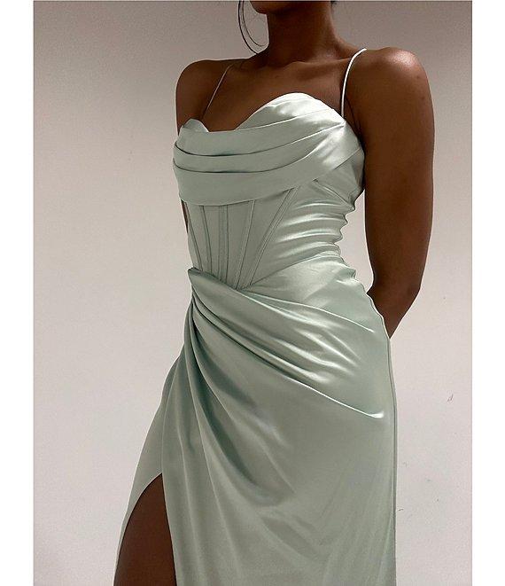 GB Social Corset Cowl Neck Lace-Up Back Slit Hem Satin Long Dress Product Image