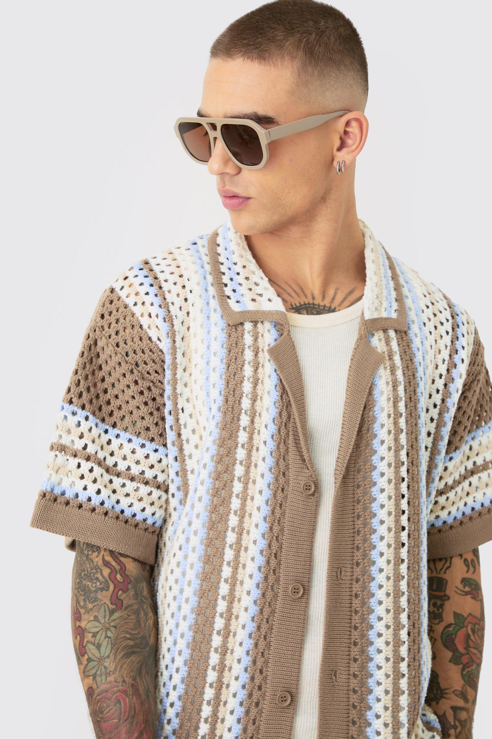Oversized Boxy Revere Open Knit Stripe Shirt | boohooMAN USA Product Image