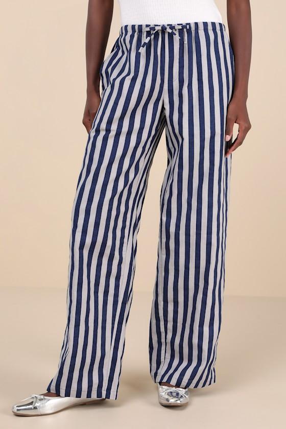Lirura Blue and Grey Striped Cotton Wide-Leg Drawstring Pants Product Image
