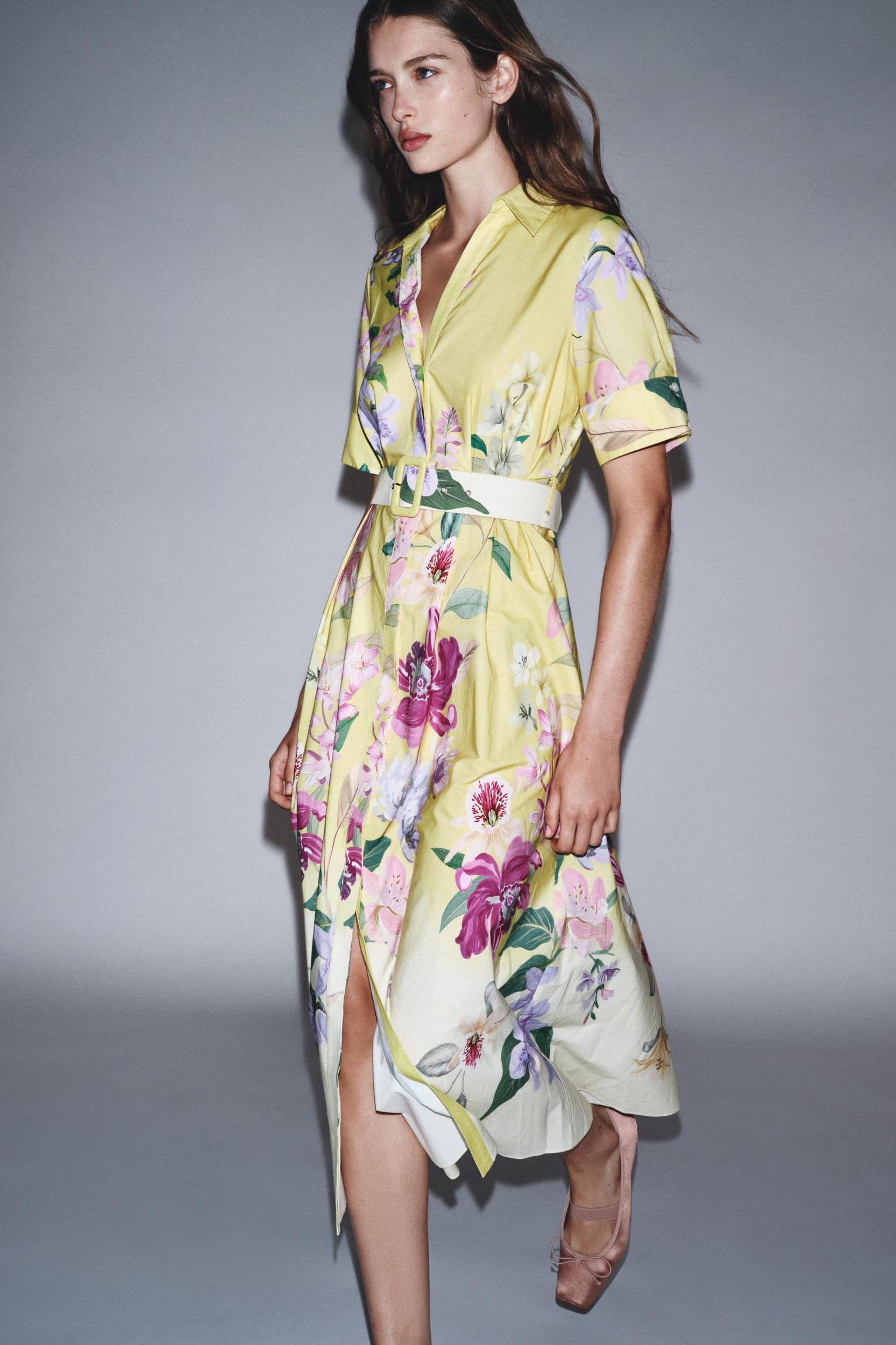 BELTED FLORAL PRINT MIDI DRESS Product Image
