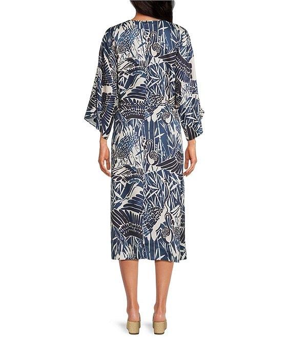 Trina Turk Topspin Printed Satin V-Neck 3/4 Bell Sleeve Wrap Midi Dress Product Image