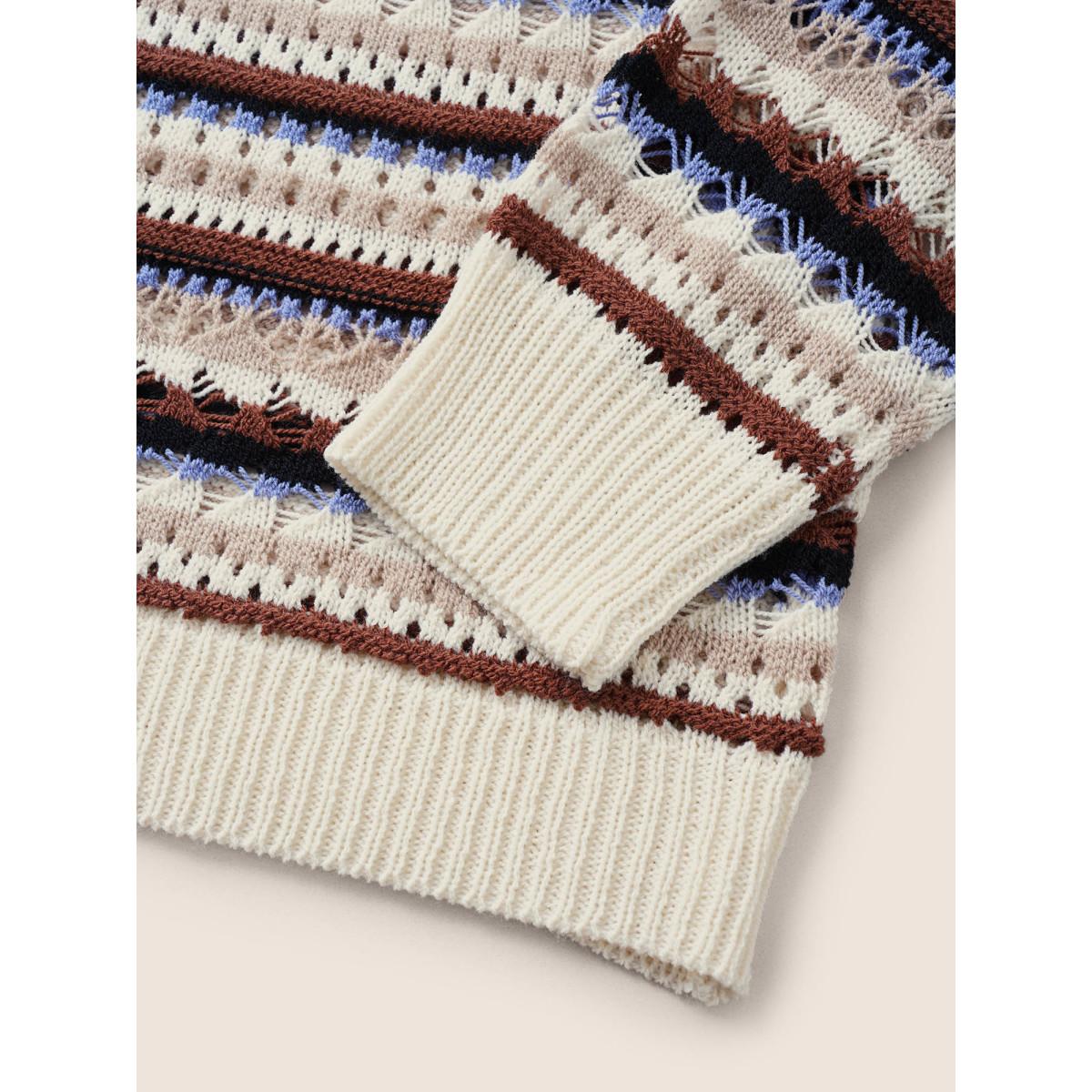 Plus Size Striped Contrast Drop Shoulder Hollow Out Pullover Beige Women Casual Long Sleeve Round Neck Everyday Pullovers BloomChic 22-24/3X Product Image