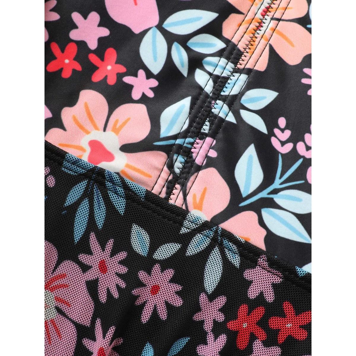 Plus Size V Neck Natural Flowers Mesh Swim Dress Women's Swimwear Multicolor Beach Bodycon V-neck High stretch Curve Swim Dresses BloomChic 14-16/1X Product Image