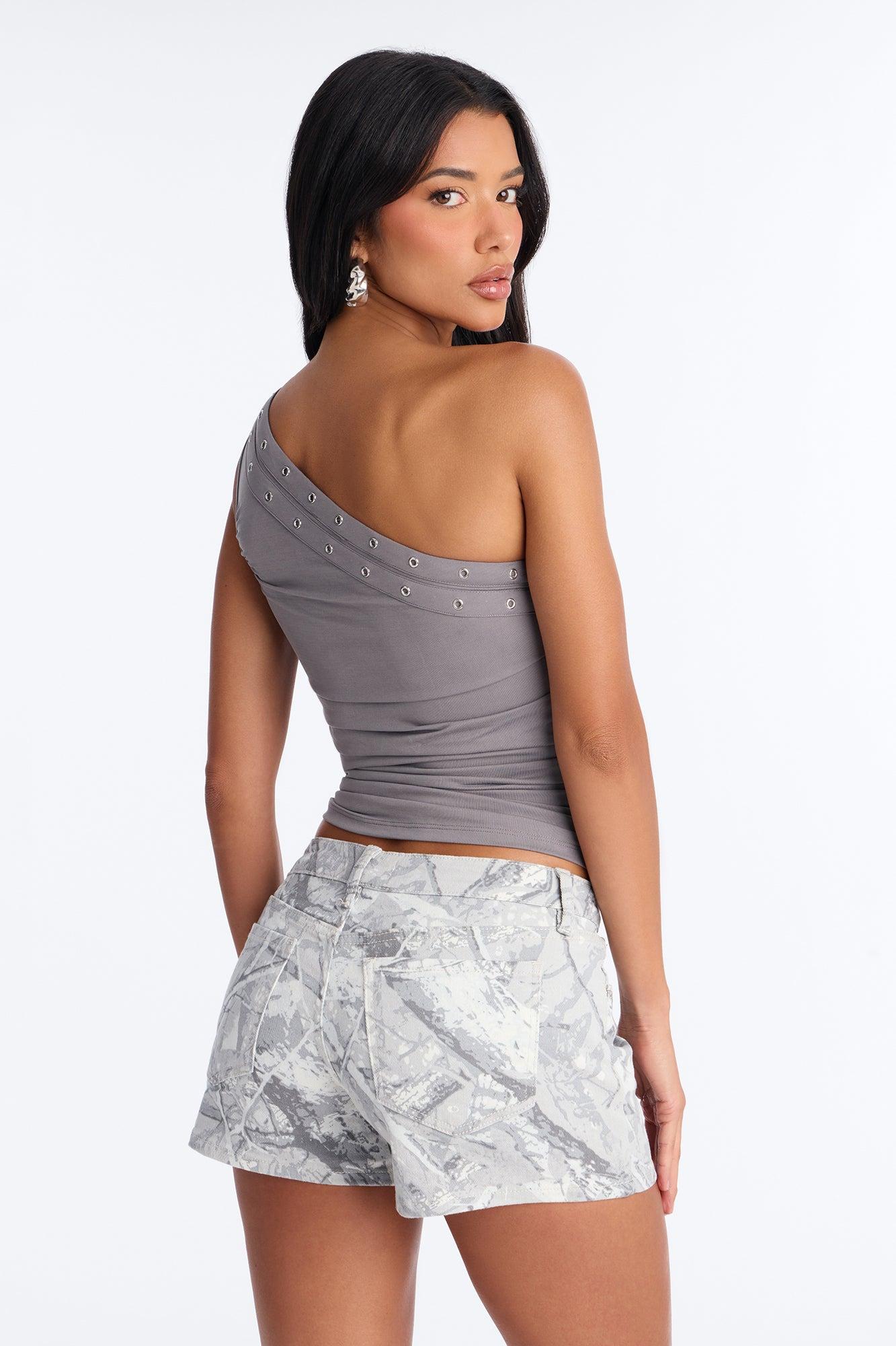 Elle One Shoulder Belted Ruched Top - Grey Female Product Image