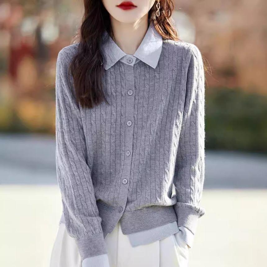 Collar Two Tone Cable-Knit Cardigan Product Image