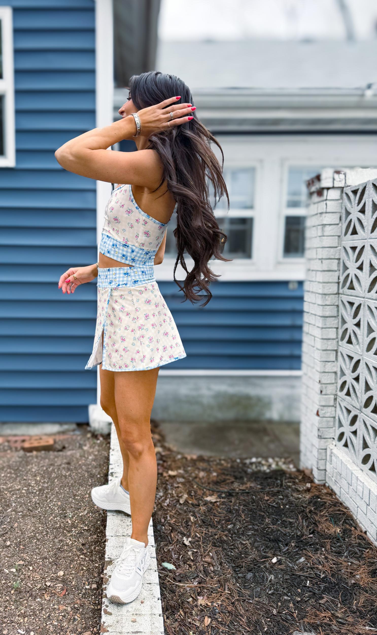 Gingham Floral Print Patchwork Sporty Mini Skort Product Image