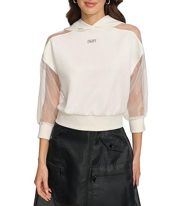 DKNY by Donna Karan Mix Media Sheer 3/4 Sleeve Cropped Logo Hoodie Product Image