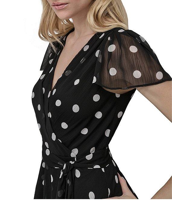 DKNY by Donna Karan Chiffon Dotted Print V Neck Short Flutter Sleeve Belted Wrap Midi Dress Product Image