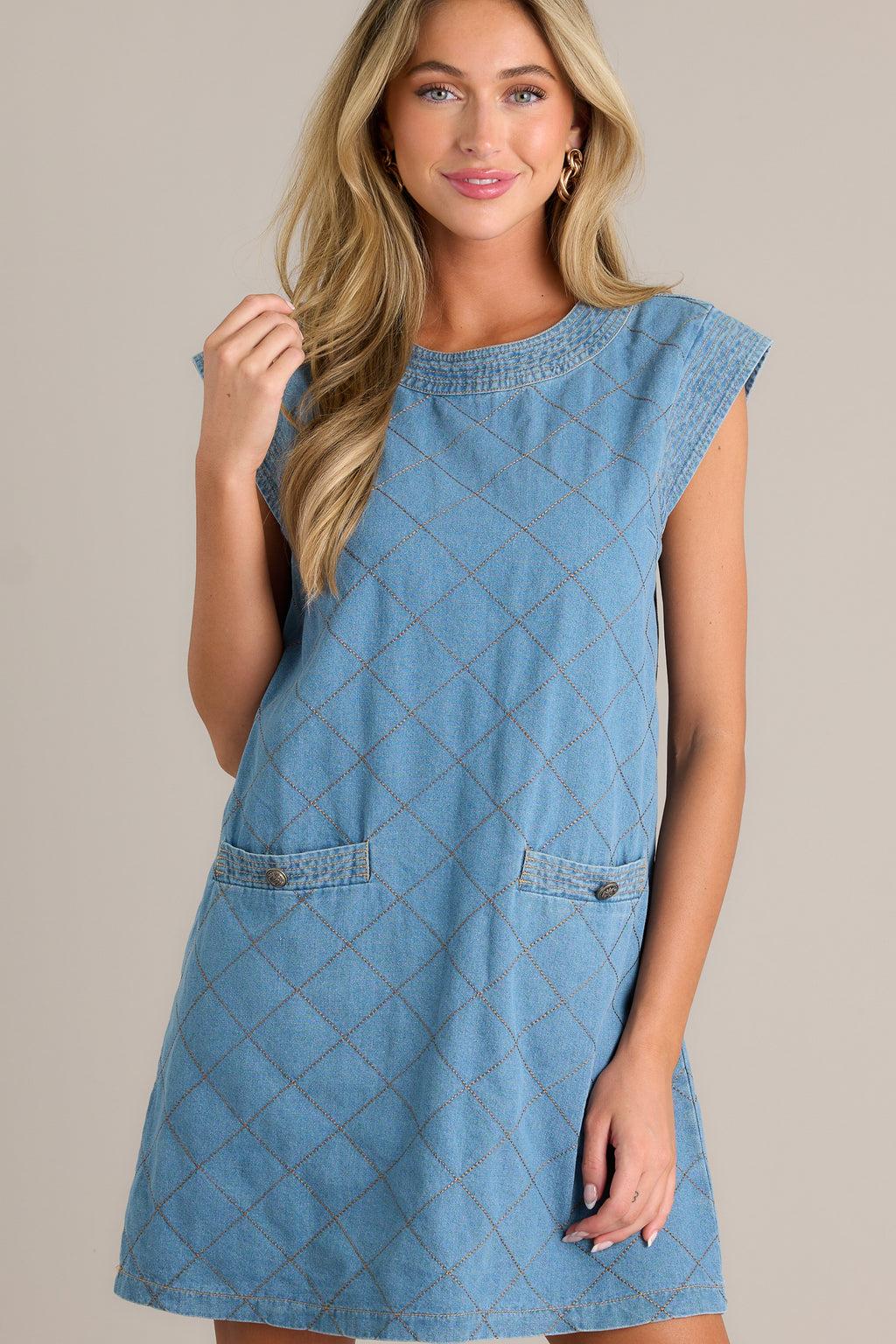 Just Wondering Light Chambray Quilted Mini Dress Product Image
