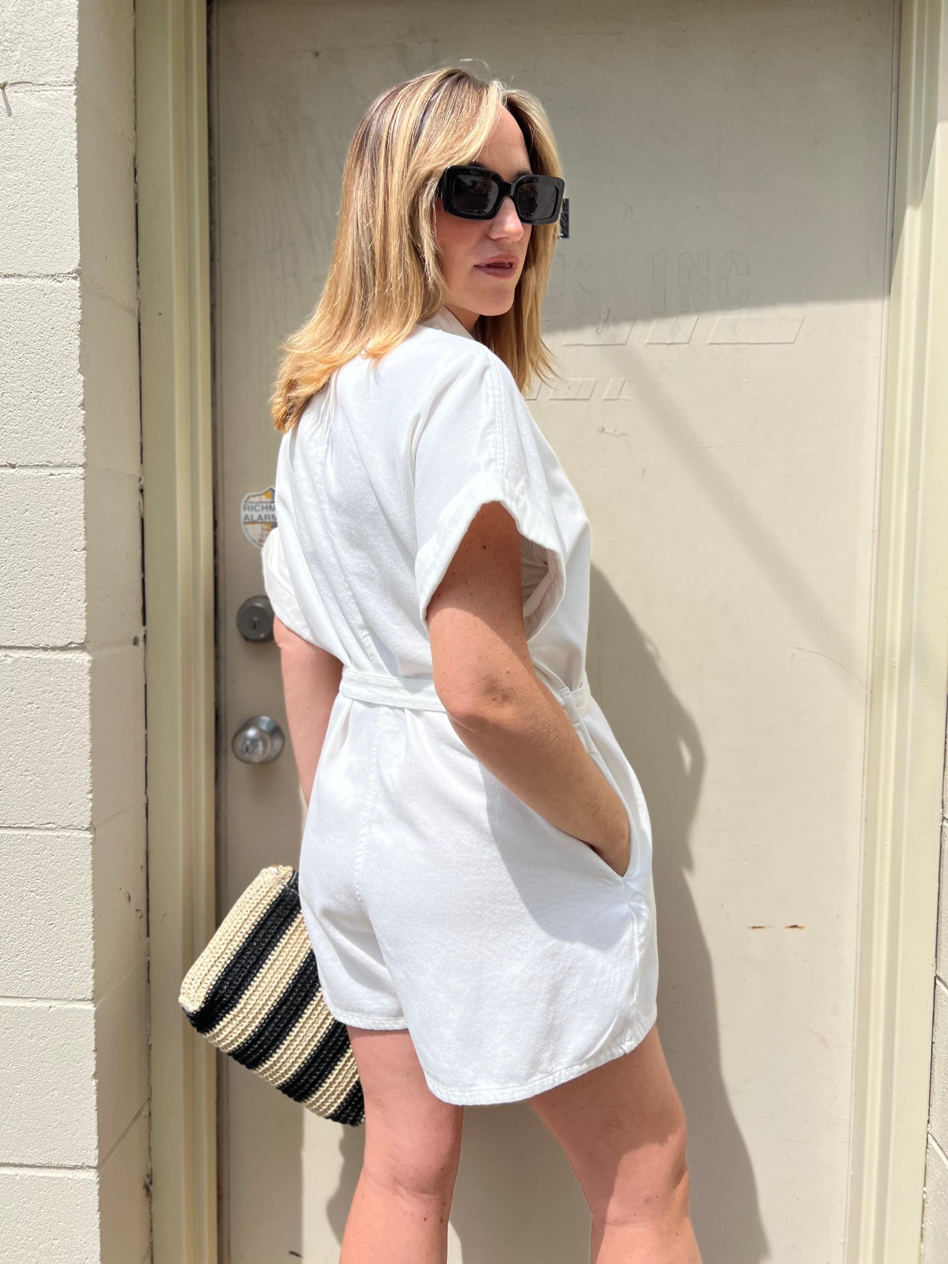 Audrey Cuffed Sleeve Denim Romper Product Image