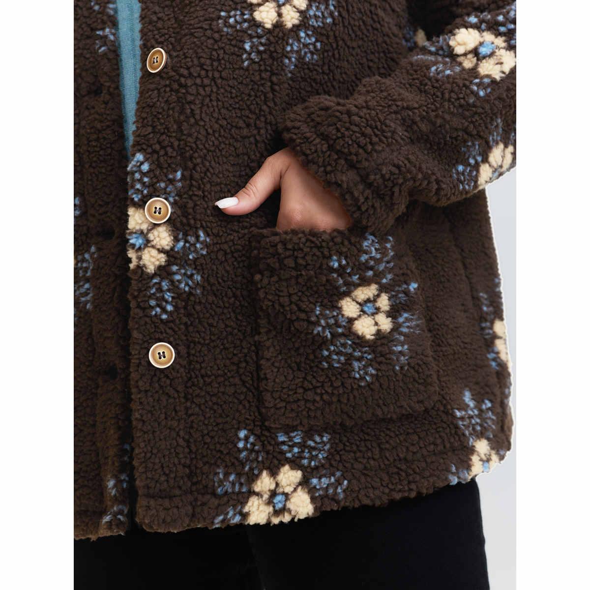 Plus Size Fluffy Floral Pattern Pocket Coat Women Multicolor Leisure Button Ladies Casual Winter Coats BloomChic 12/L Product Image