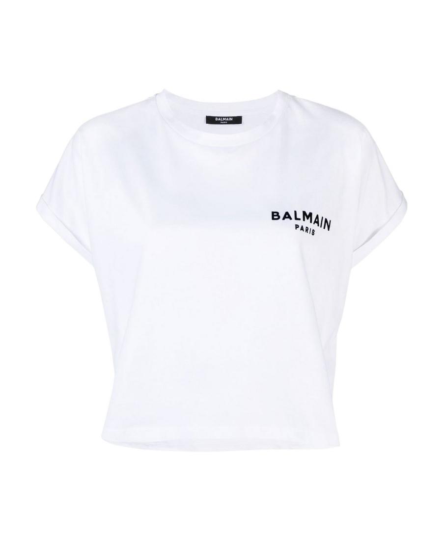 BALMAIN Cropped Flocked Cotton-jersey T-shirt In White Silver Product Image