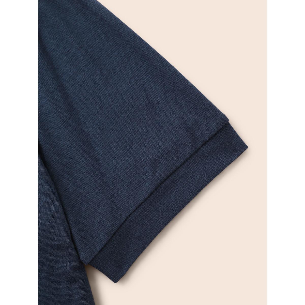 Plus Size Patchwork Ditsy Floral Knot Puff Sleeve T-shirt Indigo Women Elegant Tie knot Round Neck Bodycon Everyday T-shirts BloomChic 22-24/3X Product Image