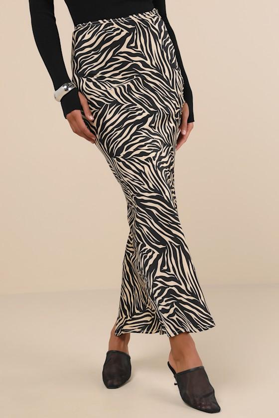 Fierce Concept Black and Beige Animal Print Satin Maxi Skirt Product Image