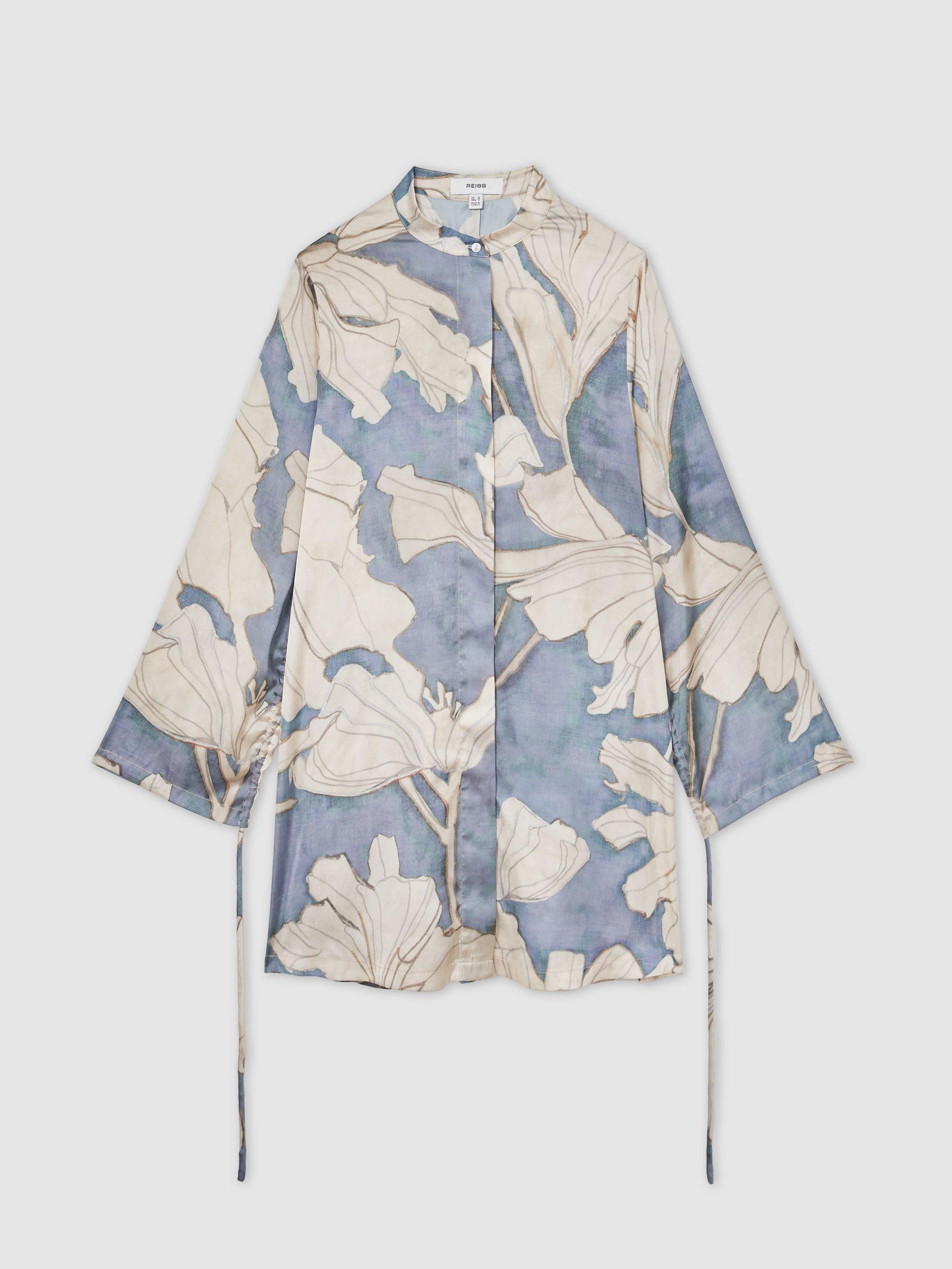 Floral Print Gathered Cut Out Shirt Dress in Blue Product Image