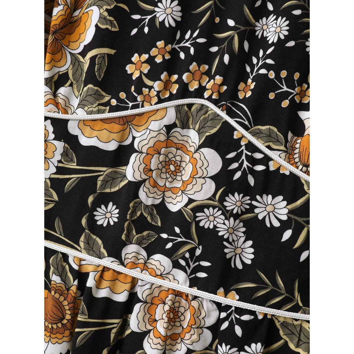 Plus Size Floral Print Waist-Cinched Contrast Midi Dress BlackFlower Women Boho Woven ribbon&lace trim V-neck Three Quarter Length Sleeve Curvy BloomChic 12/L Product Image