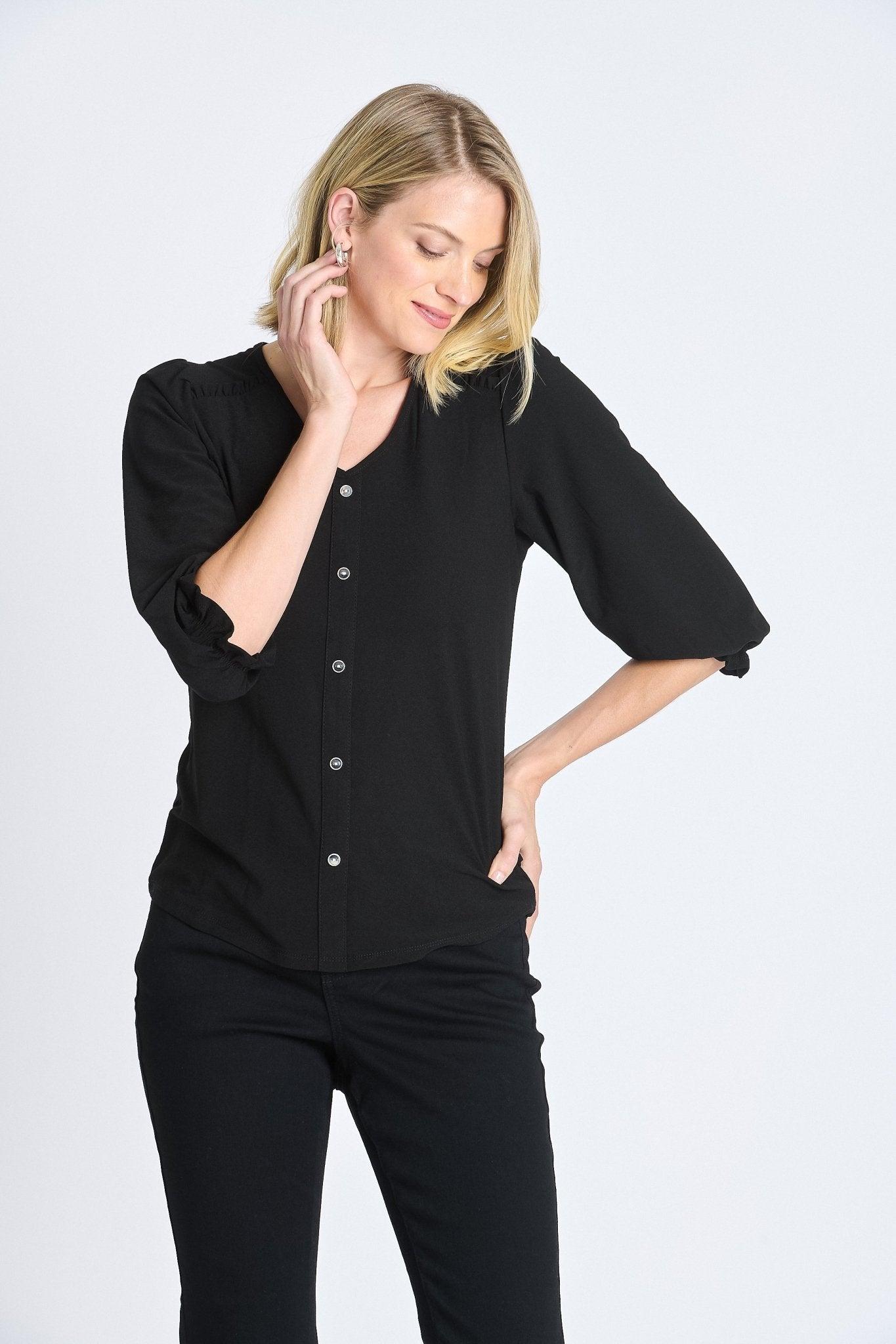 Ruffle 3/4 Sleeve Button Top, Black Product Image