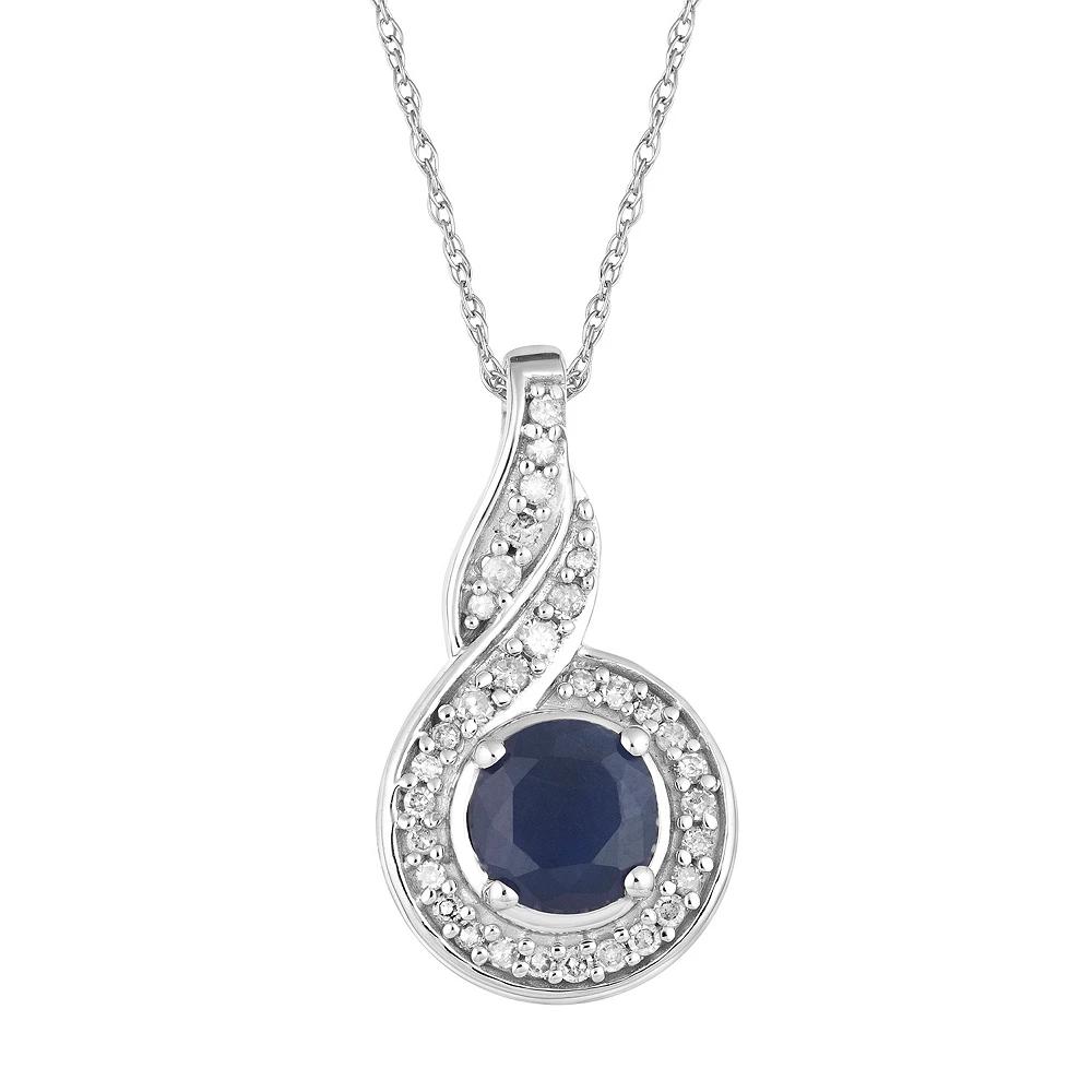 10k White Gold Sapphire  & 1/10 Carat T.W. Diamond Twist Halo Pendant, Women's, Size: 18", 10k Whgold Product Image