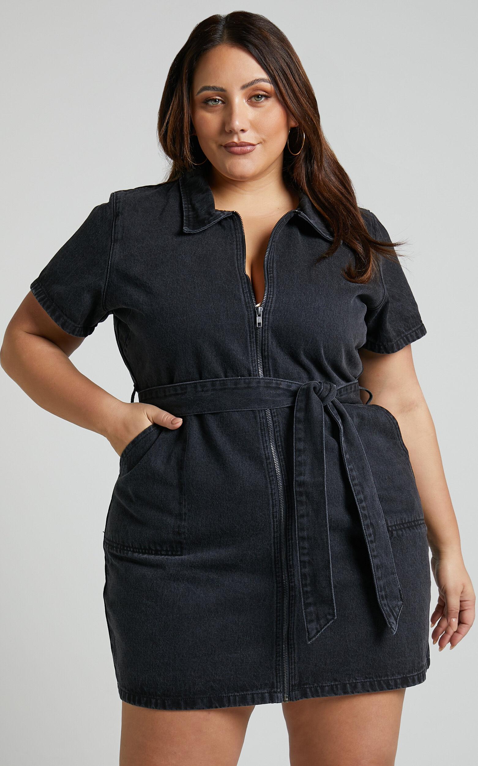 Nandini Mini Dress - Hardware Zip Through Denim Dress in Black Wash Product Image