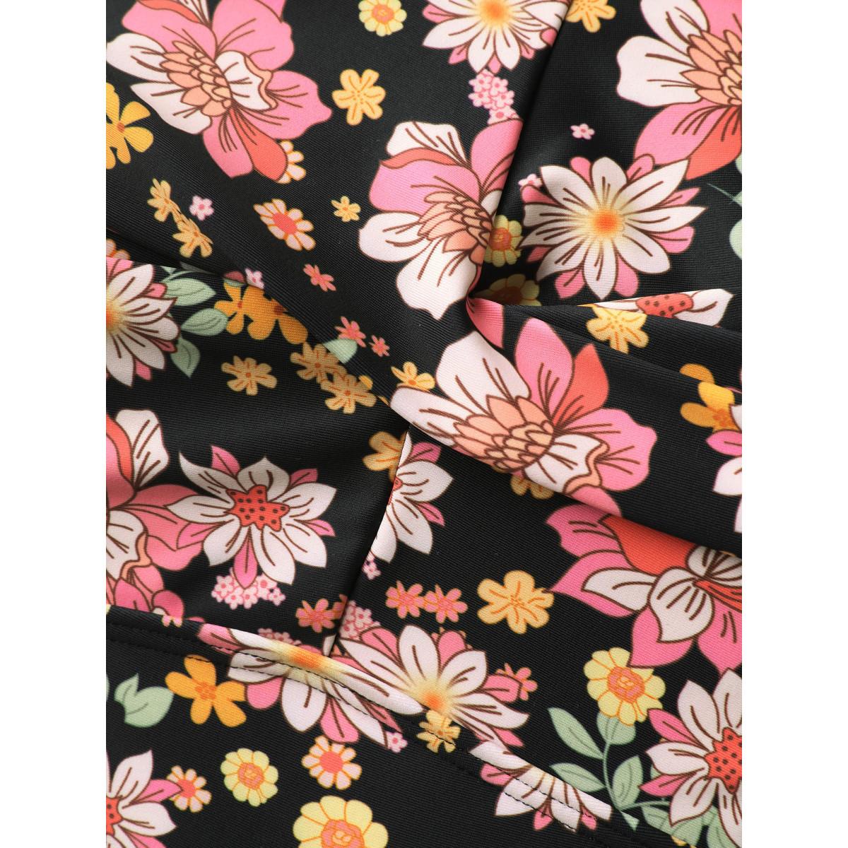 Plus Size Twist Front Floral Print Pockets Swim Dress Women's Swimwear Black Beach Bodycon Heart neckline High stretch Curve Swim Dresses BloomChic 22-24/3X Product Image
