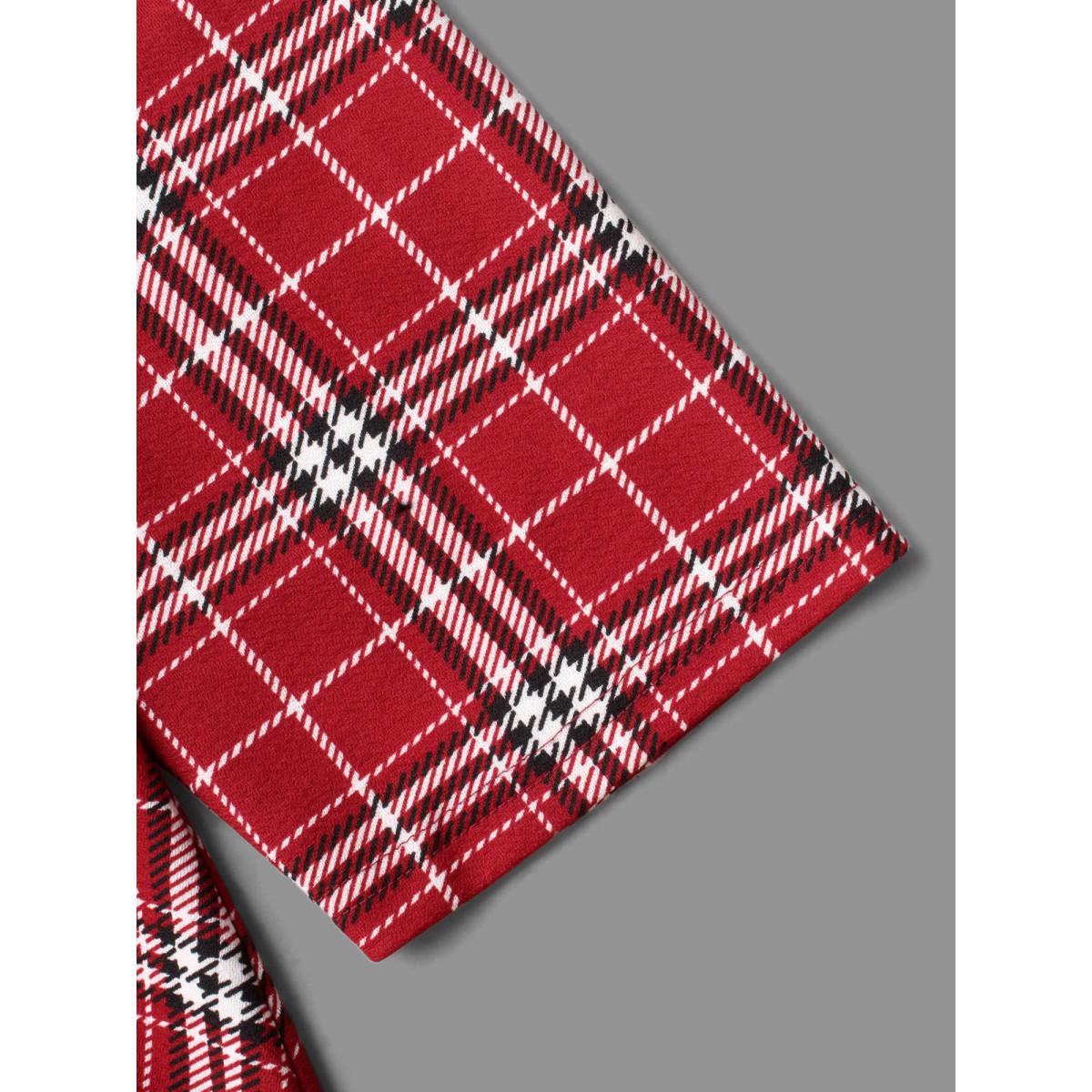 Plus Size Plaid Quarter-Sleeve Elastic Waist Tee Brightred Women Elegant Non V-neck Bodycon Everyday T-shirts BloomChic 22-24/3X Product Image