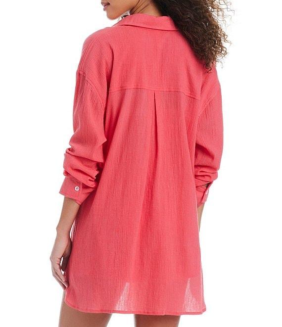 Sanctuary Venice Beach Solid Point Collar Button Front Shirt Swim Cover-Up Product Image
