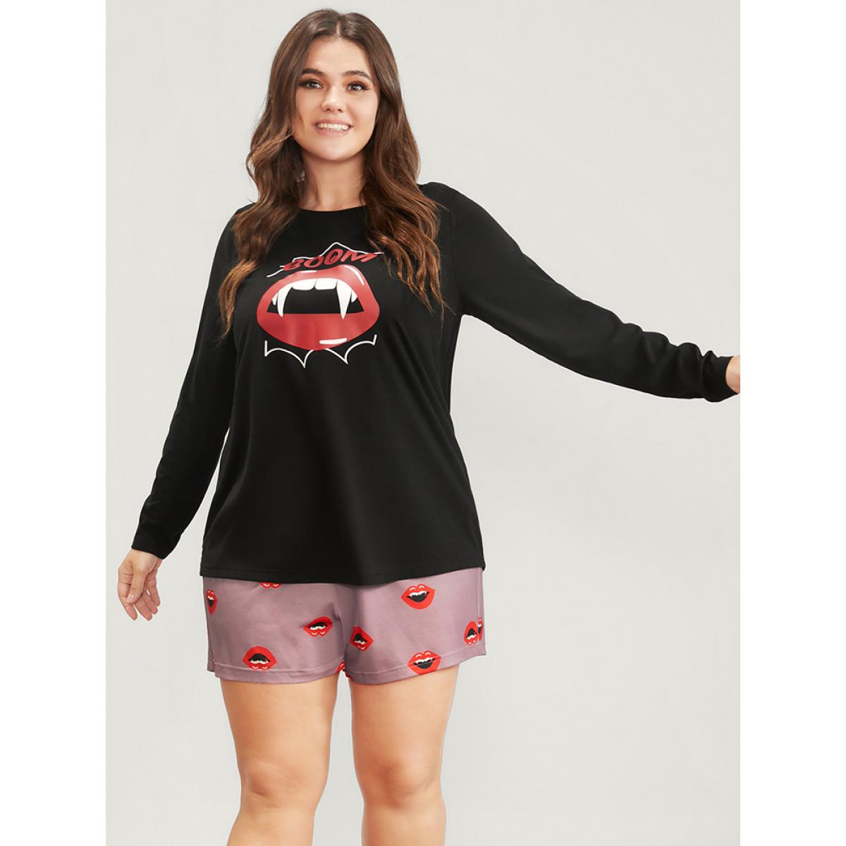 Plus Size Halloween Lip Print Pajama Set Women Black Graphic-Halloween Printed Long Sleeve Round Neck Casual Loungewear Sets BloomChic 10/M Product Image