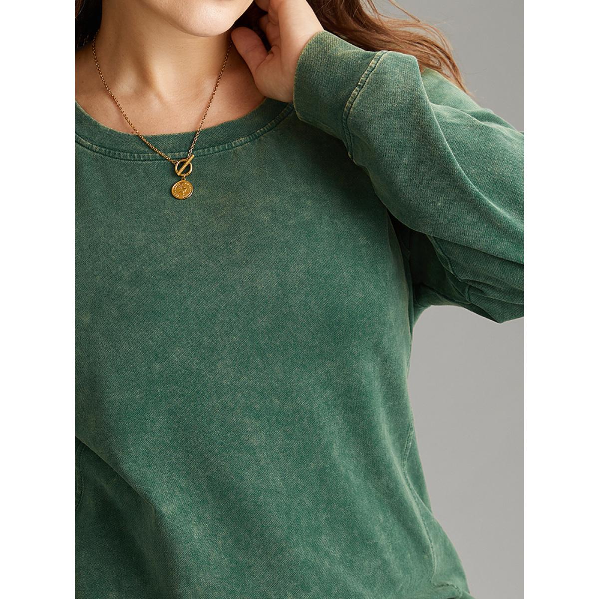 Plus Size Solid Vintage Round Neck Sweatshirt Women Cyan Casual Plain Round Neck Dailywear Sweatshirts BloomChic 14-16/1X Product Image