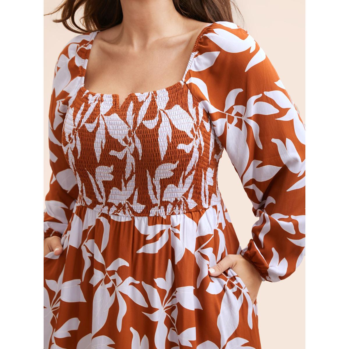 Plus Size Silhouette Floral Print Shirred Midi Dress Rust Women Elegant Shirred Square Neck Long Sleeve Curvy BloomChic 26/4X Product Image
