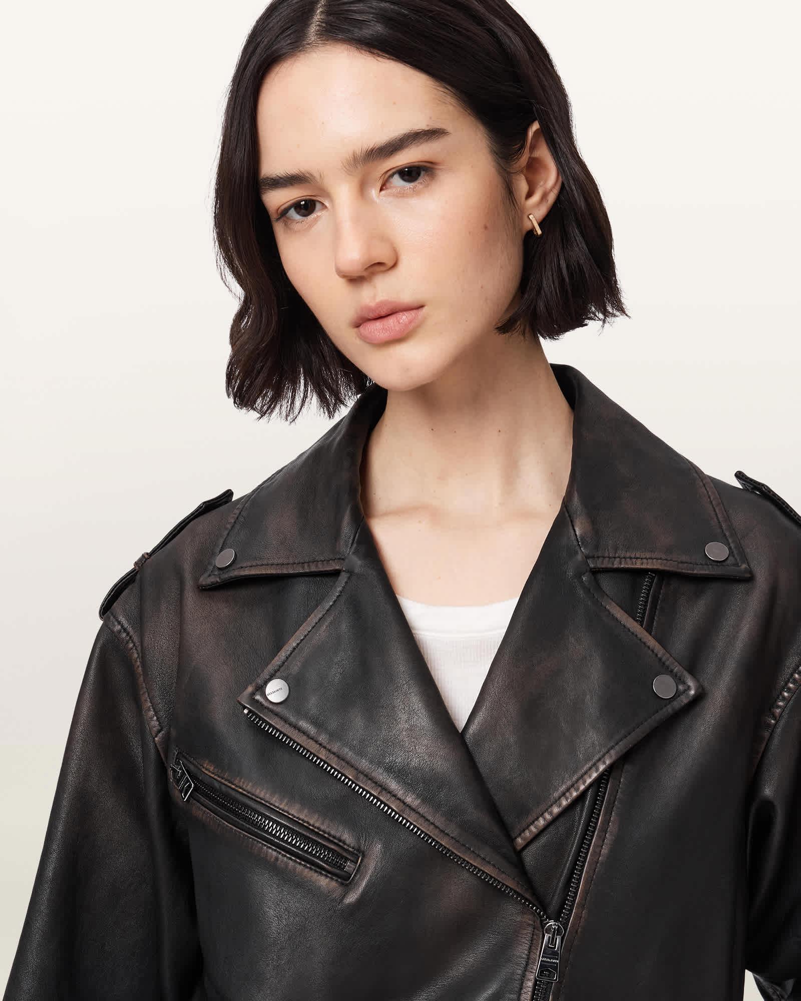 Samina Relaxed Fit Leather Biker Jacket Black/Brown | ALLSAINTS US Product Image