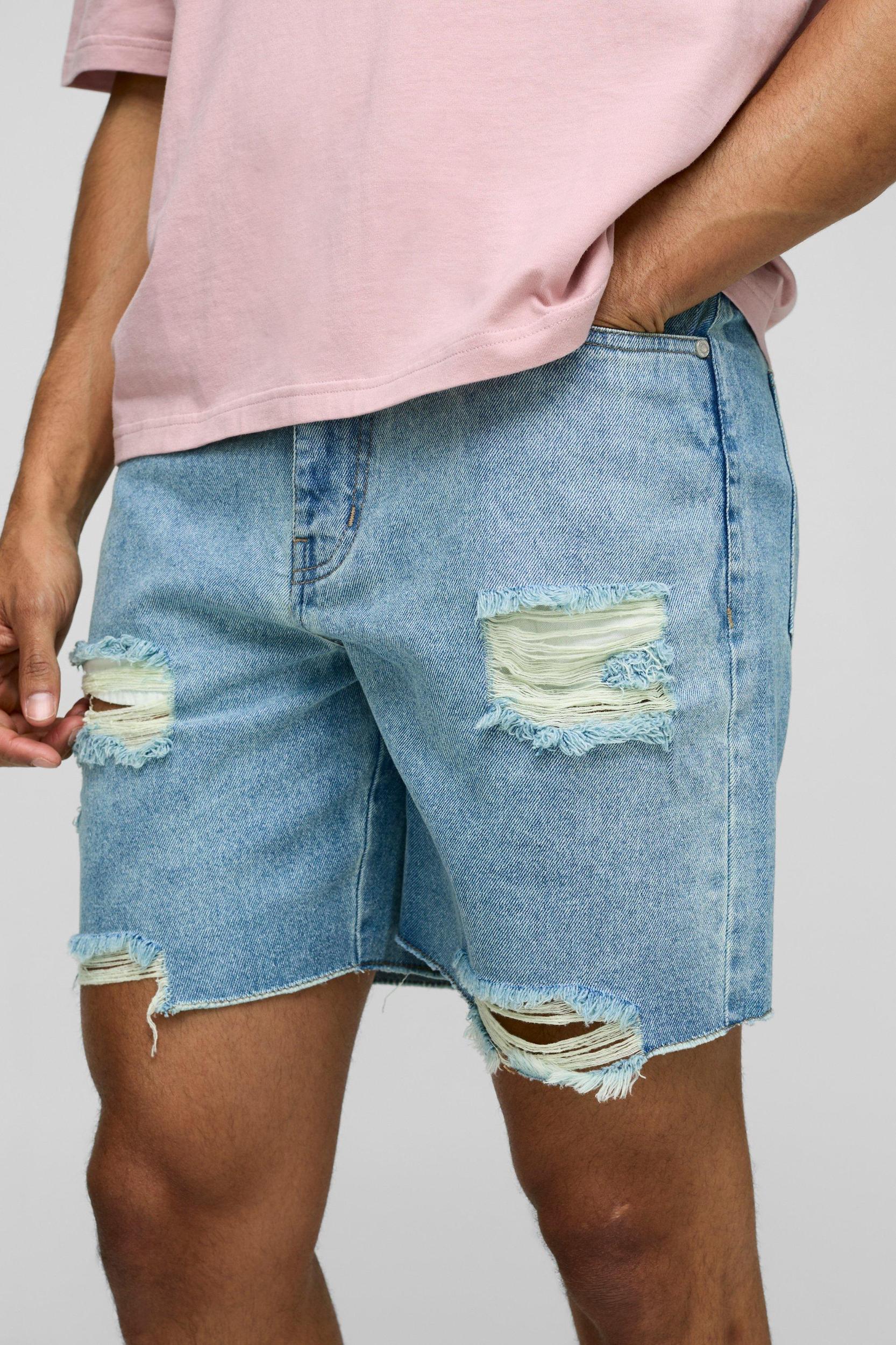 Relaxed Fit Mid Length Ripped Denim Shorts | boohooMAN USA Product Image