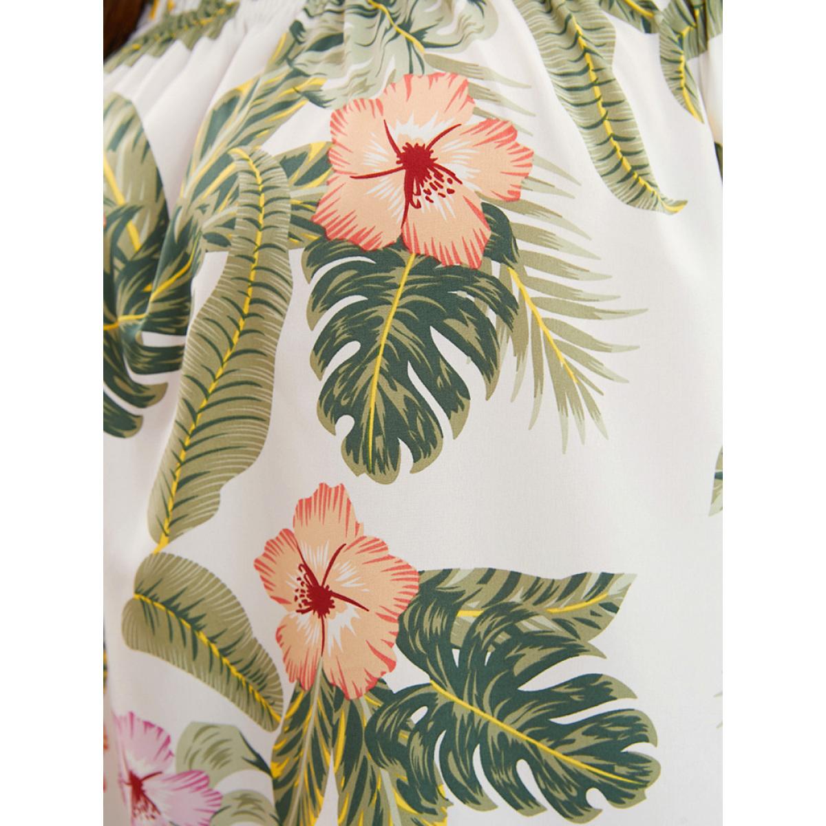 Plus Size White Tropical Print Off Shoulder Lantern Sleeve Blouse Women Vacation Short sleeve One-shoulder neck Dailywear Blouses BloomChic 28/5X Product Image