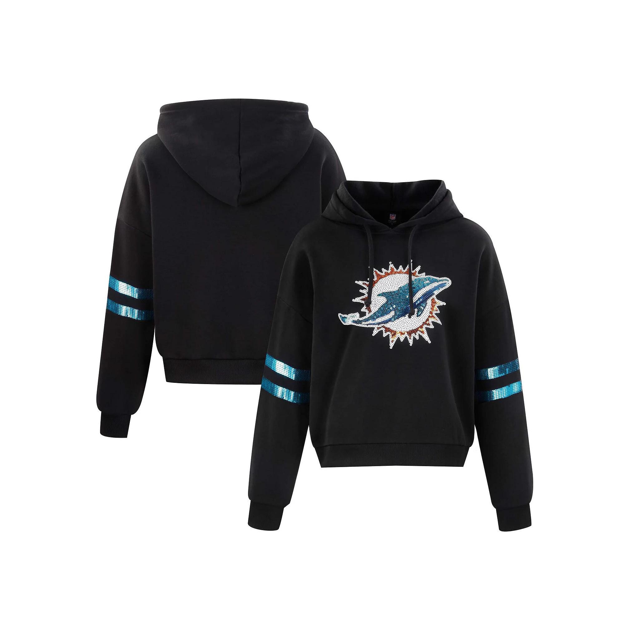 Women's Cuce Black Miami Dolphins Cropped Sequins Pullover Hoodie,  Product Image