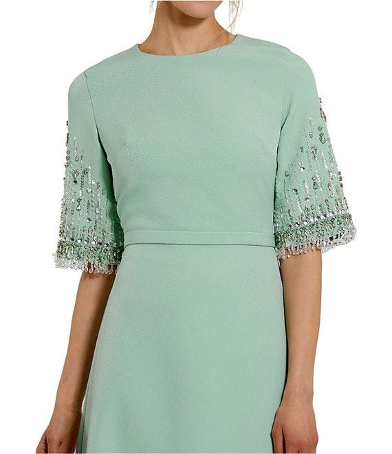 Mac Duggal Short Beaded Sleeve Crepe A-Line Gown Product Image