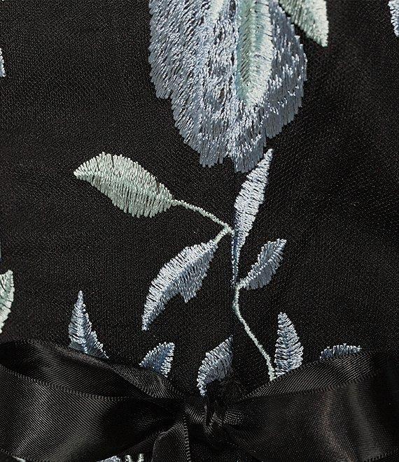 Alex Evenings Boat Neck 3/4 Illusion Sleeve Tie Sash Belt Embroidered Stretch Tulle Blouse Product Image