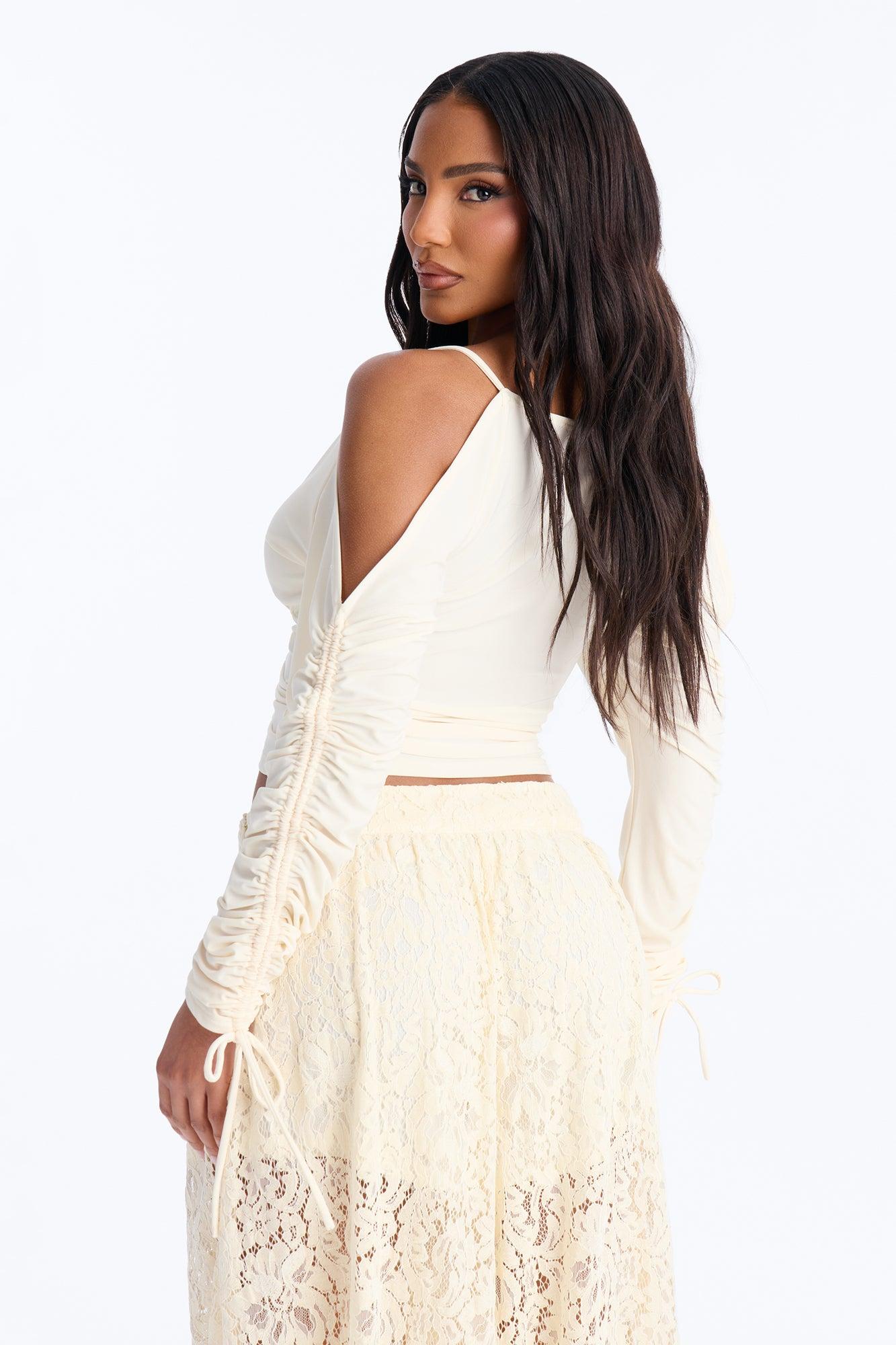 Genevieve Ruched Cold Shoulder Long Sleeve Top - Cream Female Product Image
