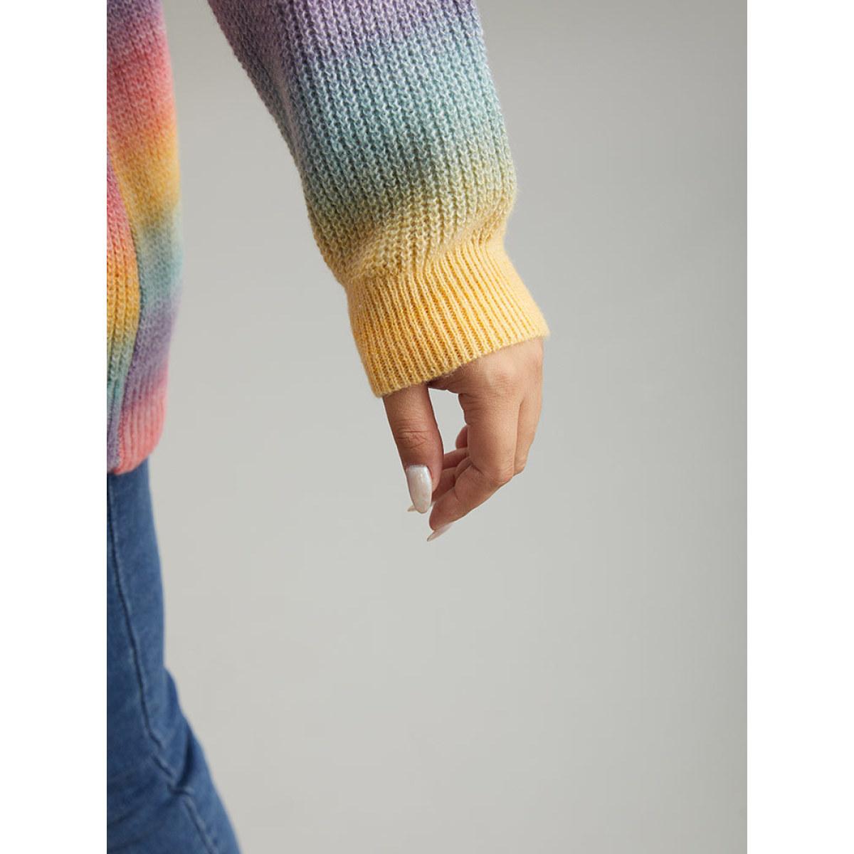 Plus Size Rainbow Ombre V Neck Loose Pullover Multicolor Women Casual Loose Long Sleeve V-neck Everyday Pullovers BloomChic 26/4X Product Image