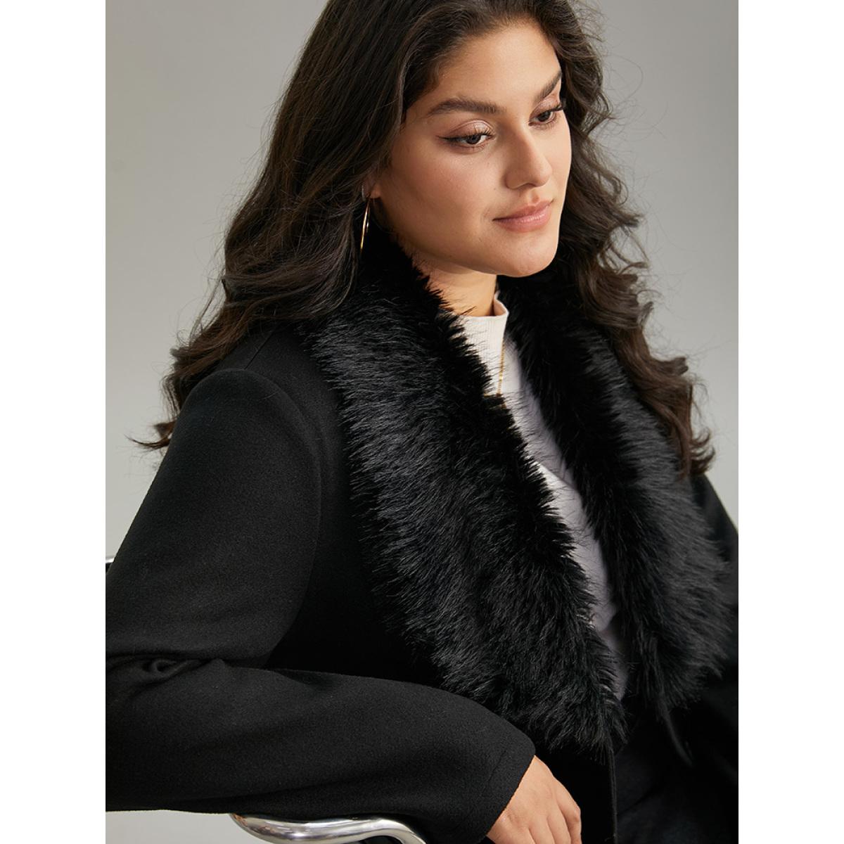 Plus Size Solid Zipper Belted PU Leather Knot Fuzzy Trim Coat Women Black Casual Plain Ladies Dailywear Winter Coats BloomChic 10/M Product Image