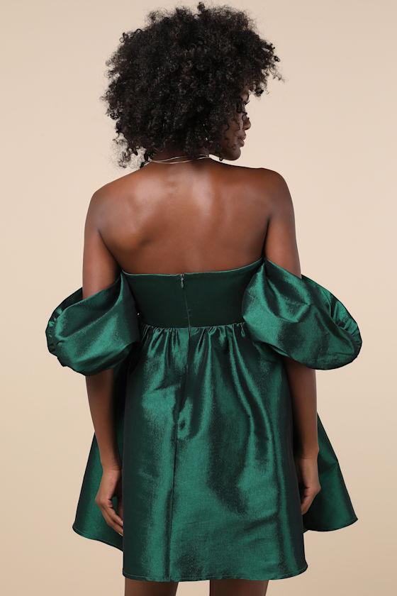 Sweet Vision Green Taffeta Off-the-Shoulder Babydoll Mini Dress Product Image