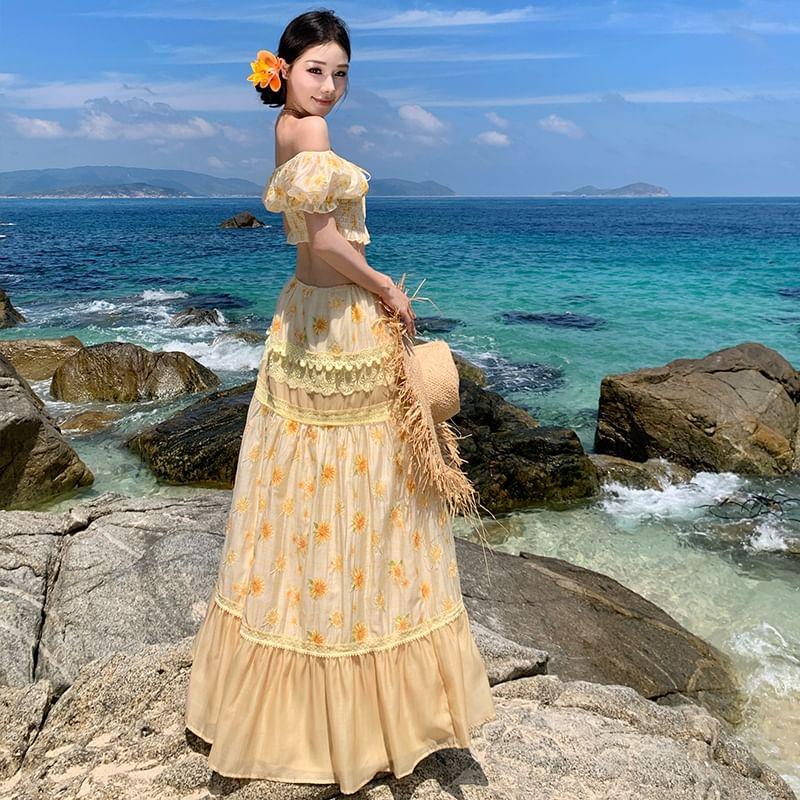 Set: Off-Shoulder Floral Print Shirred Crop Blouse + Low Rise Lace Trim Paneled Midi A-Line Skirt Product Image